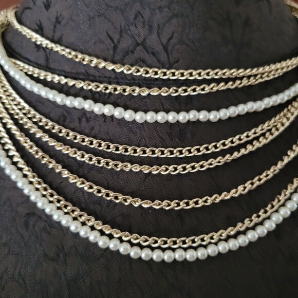 Vintage Multi-Strand Pearl & Gold Tone Chain Necklace - Picture 2 of 5